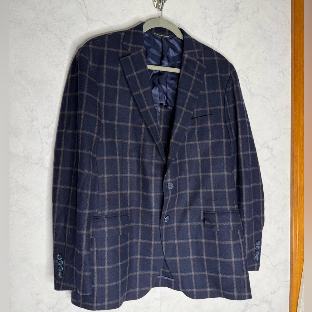 Coppley Navy blue windowpane plaid wool cashmere Kei blazer sport coat jacket